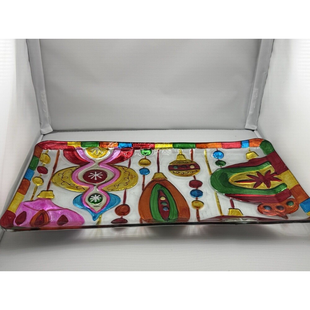 LS ARTS Hand Painted Platter Christmas Ornament Glass Fusion Platter 14.75 X 8 - Picture 2 of 3